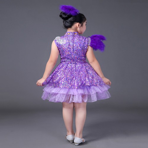 Violet purple sequined feather modern dance girl's kids children singers jazz singers princess performance cosplay dancing dresses